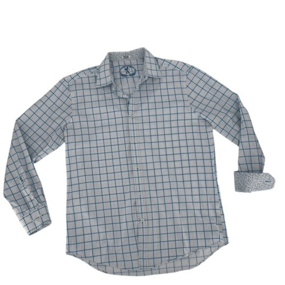 Bugatchi‎ XL Blue Grid Button Up Shirt Shaped Fit 100% Cotton Flip Cuff Collared - Picture 1 of 9